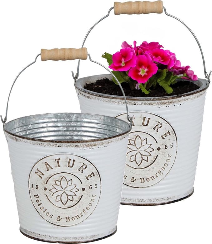Sunnydays Emmer/plantenpot/bloempot - 2x - zink - ivoorwit - D23 x H22 cm