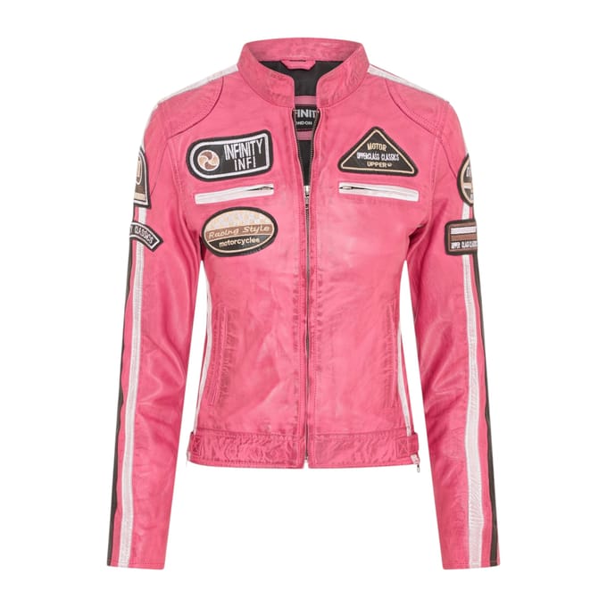 Dames Biker Racing Badges Fuchsia-leren jas-Eastleigh