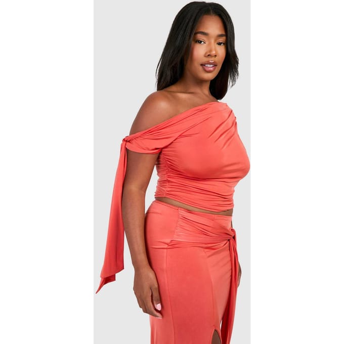 boohoo Dames Plus Tie Sleeve Asymmetrische Top | Oranje | Maat: 54