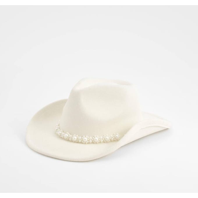 boohoo Dames Pearl Detail Western Cowboy Hat | Wit