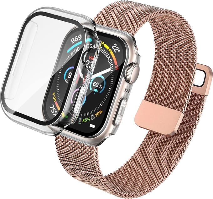 Hoesje met Screenprotector + Bandje geschikt voor Apple Watch 7 41 mm - Magnetisch Bandje Rose - Case met Screenprotector