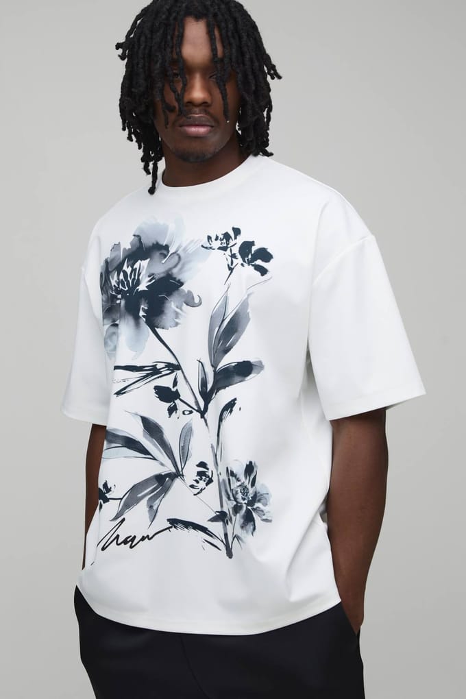 Lang Oversized T-shirt Met Bloemenprint | Ecru | Size Small