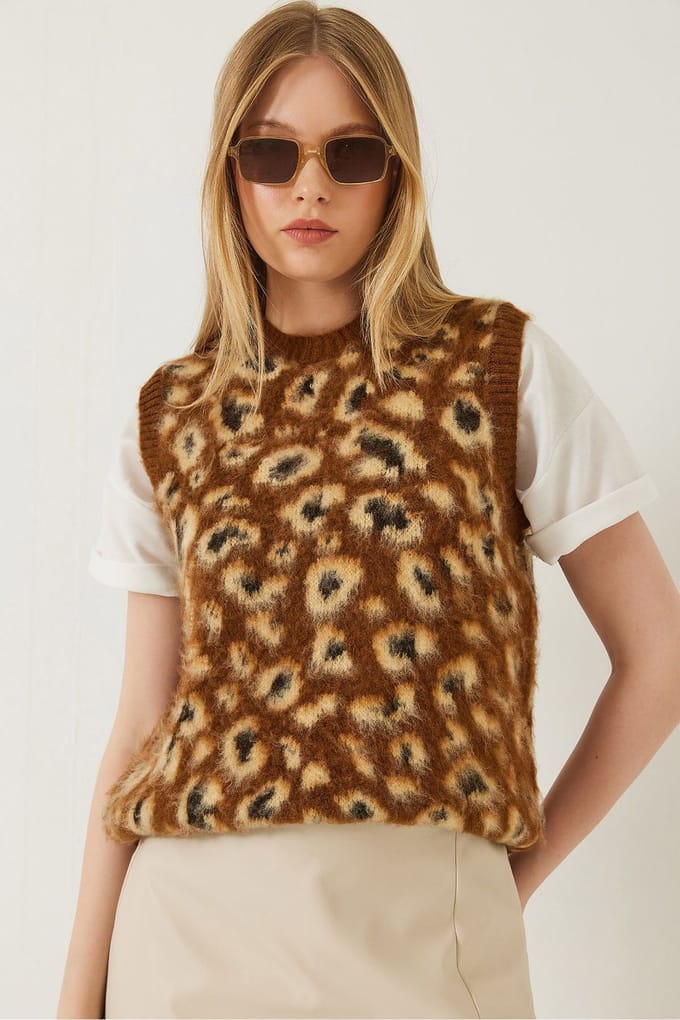 Leopardprint Ribbels Brei Sweater Vest