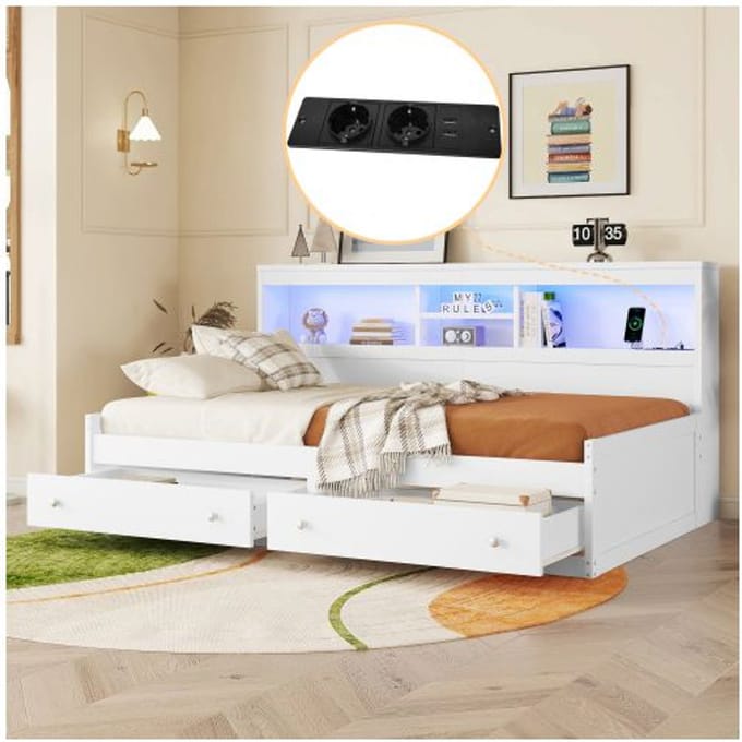 Lit de jour - MUVOE - 90x200 cm - Blanc - Avec lumière LED - 2 prises USB