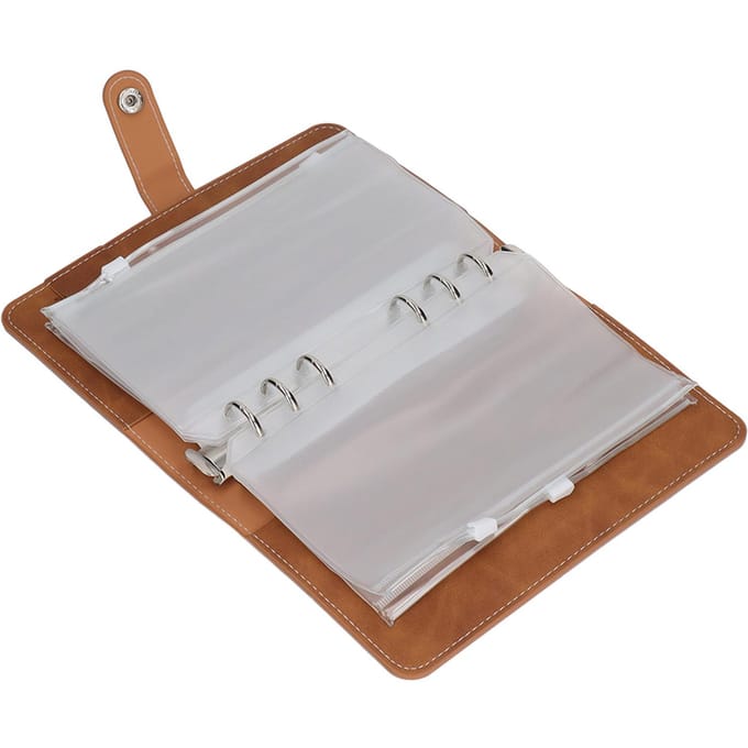 Cash Binder A6 Draagbaar Formaat PU Leer 6 Voorgeperforeerde Gaten Budget Binder met 12 Transparante Ritszakken bruin