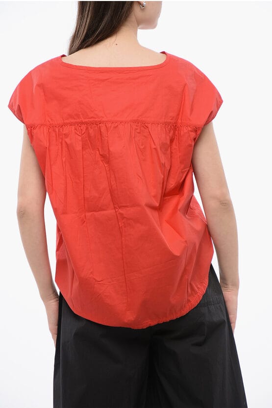 Popeline mouwloos shirt met trekkoordzoom in rood