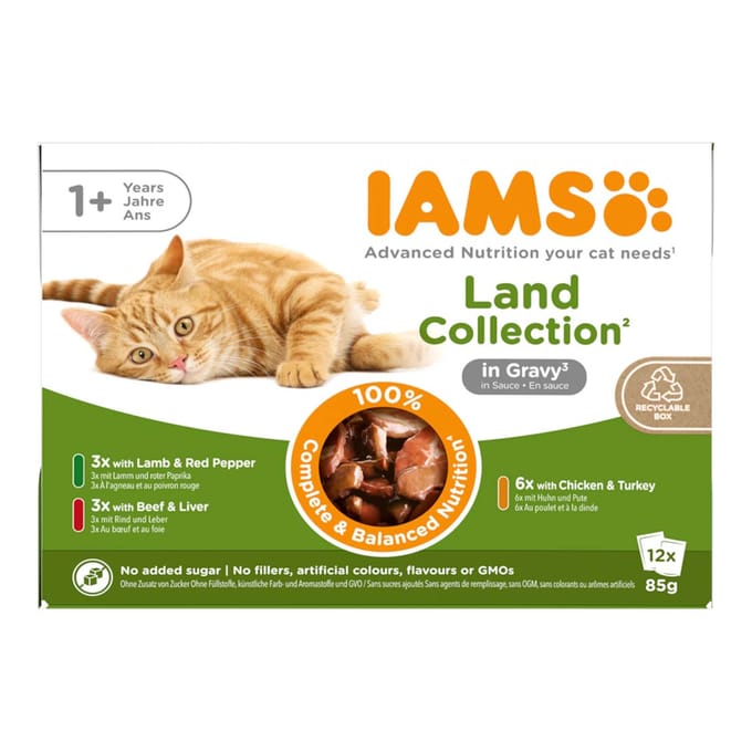 12x85g Land Mix in Saus IAMS Delights Kattenvoer