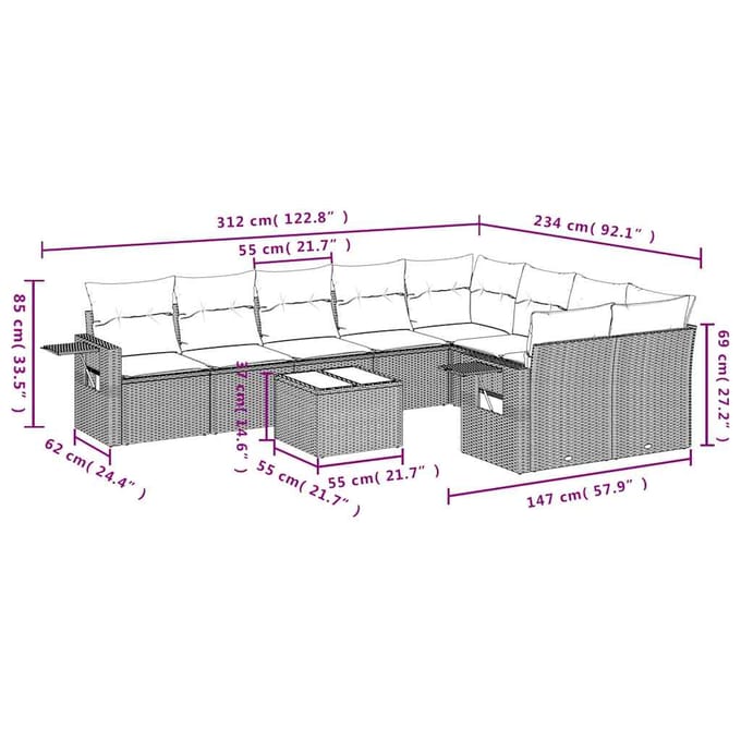 vidaXL - 10-delige - Loungeset - met - kussens - poly - rattan - beige
