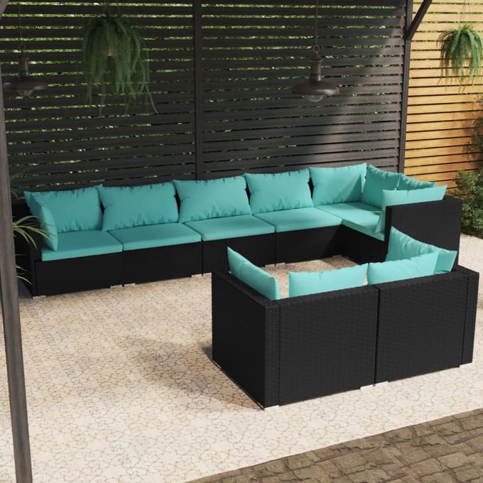 vidaXL - 8-delige - Loungeset - met - kussens - poly - rattan - zwart