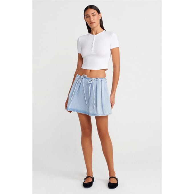 Katoenen Denim Mini A-lijn Rok Met Strikdetails