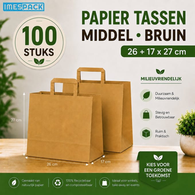Papieren Draagtas Bruin - 26+17x27 cm - Middel - 100 Stuks - Kraft - IMES PACK