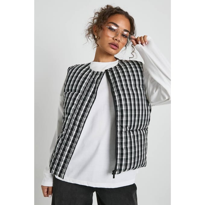 boohoo Dames Gingham Puffer Gilet | Black | Maat: 14