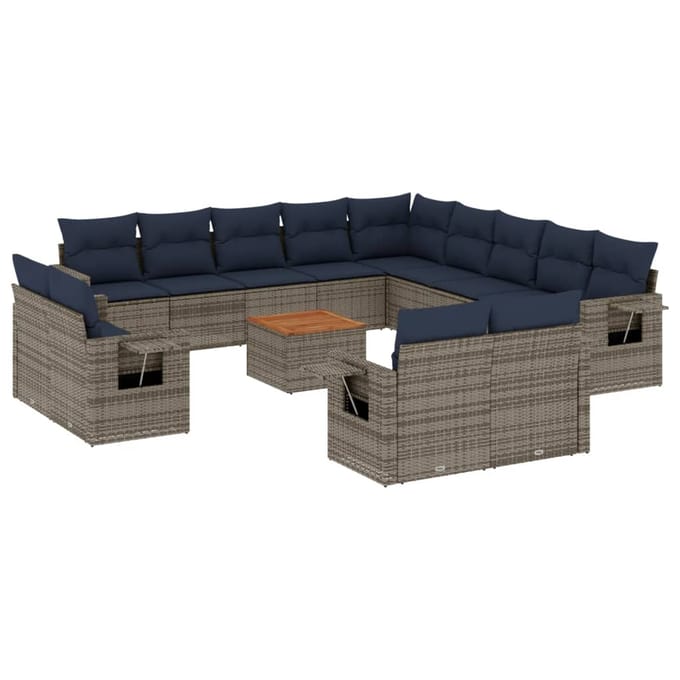 vidaXL - 14-delige - tuinbankset - met - kussens, - grijs - polyrotan