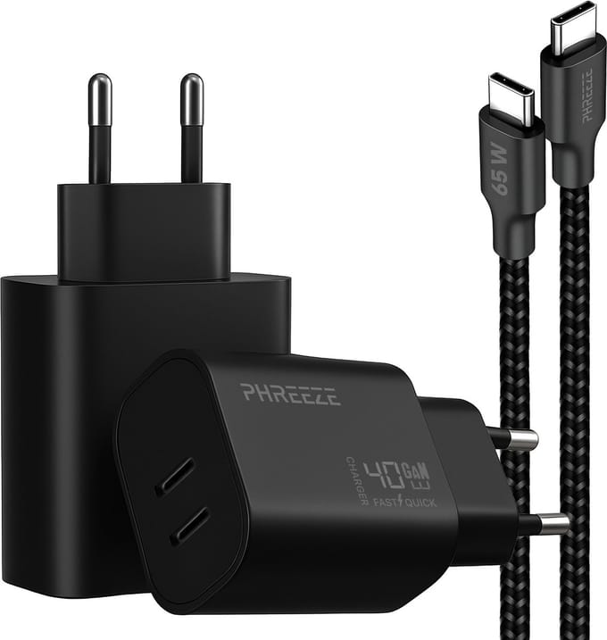 Phreeze usb C adapter 40 W - Usb c naar usb c kabel 1 meter - Power Delivery snellader met 2 poorten