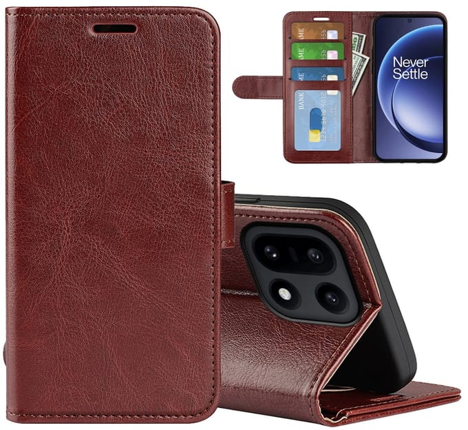 MobyDefend Hoesje - Geschikt voor OnePlus 15 - Wallet Book Case (Sluiting Achterkant) - Bruin
