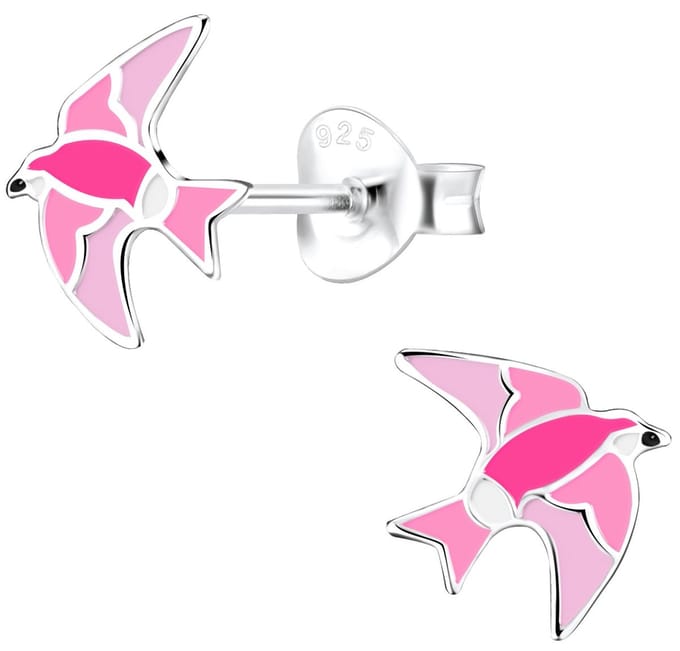Joy|S - Zilveren vogel oorbellen - 9 x 10 mm - roze