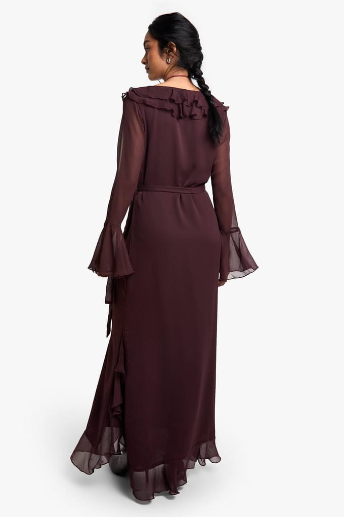 boohoo Dames Ruffle Flare Sleeve Belted Chiffon Maxi Dress | Plum | Maat: 8