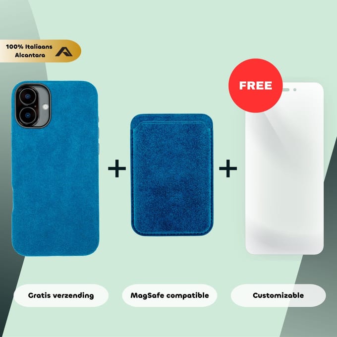iPhone 16 Plus – Alcantara Case + MagSafe Wallet + Gratis Screenprotector | Sapphire Blue
