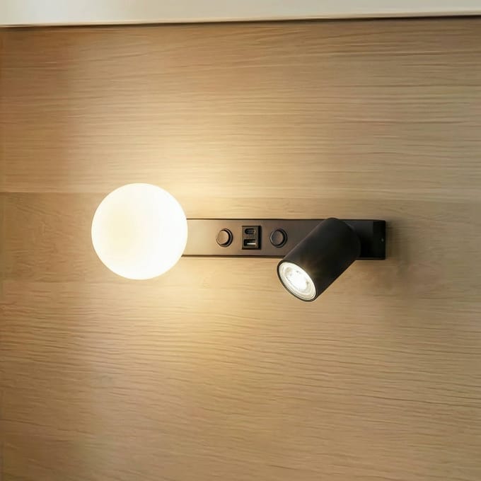 TK Lighting wandlamp Vox, zwart, glas, breedte 35 cm, USB