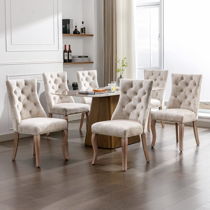 MODFU Eetkamerstoel - Hoge Rugleuning Met Knopen - Landelijke Stijl - Fluweel - Lichtbeige