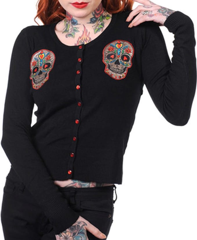 Banned - SUGAR SKULL Cardigan - M - Zwart/Rood