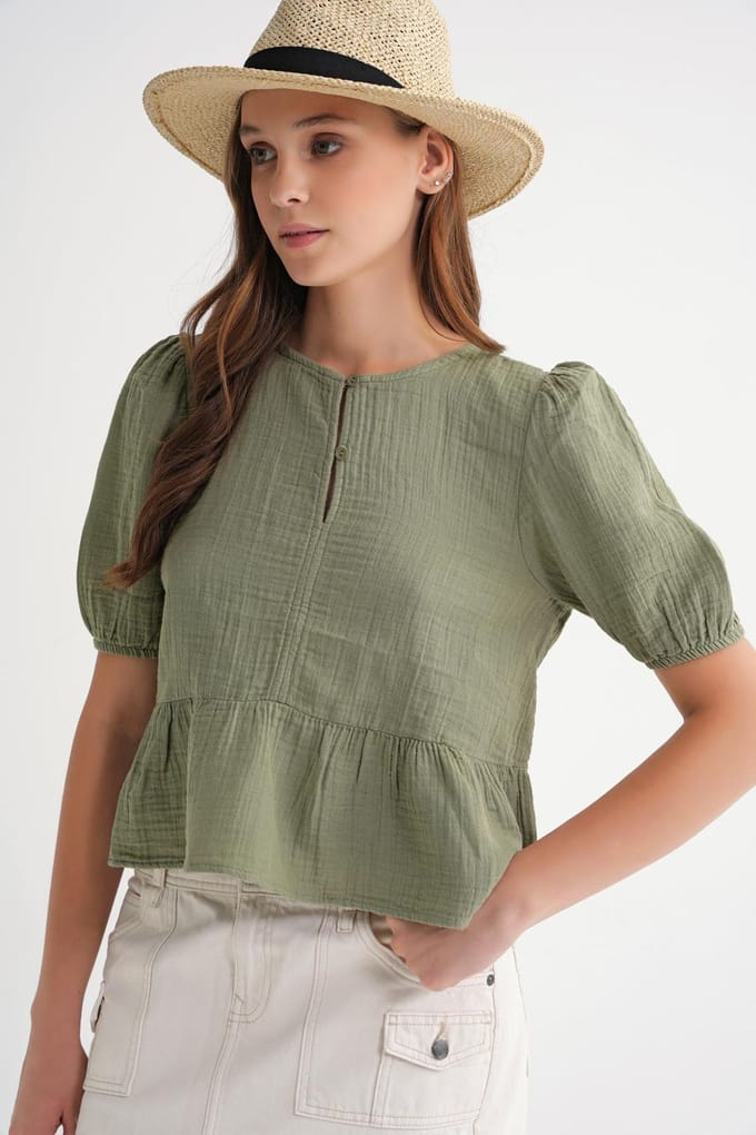 Getextureerde Mousseline Crew Neck Blouse met Knopsluiting