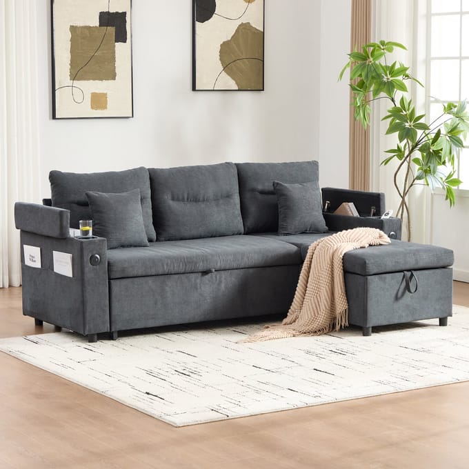 STILVORA 3-Zits Sofa - Ergonomisch Linnen Sofa - Hydraulische Chaise Longue - Met Opbergruimte en USB-C - Donkergrijs