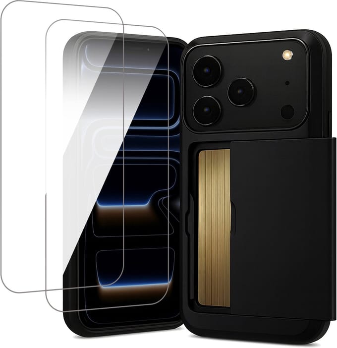 Hoesje met Pasjeshouder geschikt voor iPhone 17 Pro Max - 2x Screen Protector GlassGuard - Back Cover SlideCase Zwart & Screenprotector