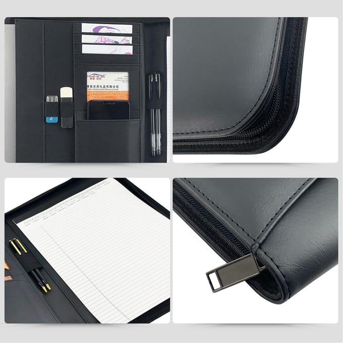 Bisofice Business Padfolio A4 PU lederen portfolio-organizer met ritssluiting voor sollicitatie-cv-document zwart