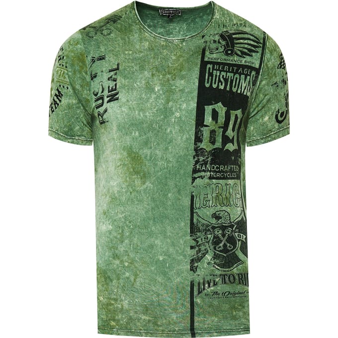 Gewassen biker T-shirt met voor- en achterkant bedrukt