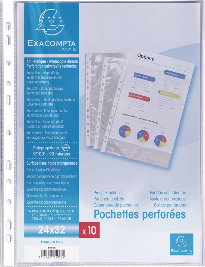 Exacompta 10x Pak van 10 geperforeerde showtassen- gladde PP 9/100ste - 24x32cm - Transparant - 5990E