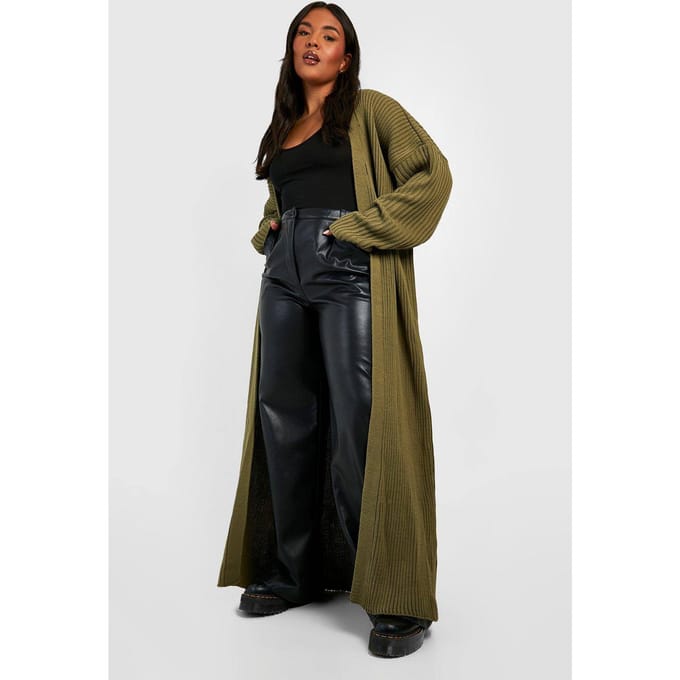 boohoo Dames Plus Gebreide Oversized Maxi Cardigan | Kaki | Maat: 56