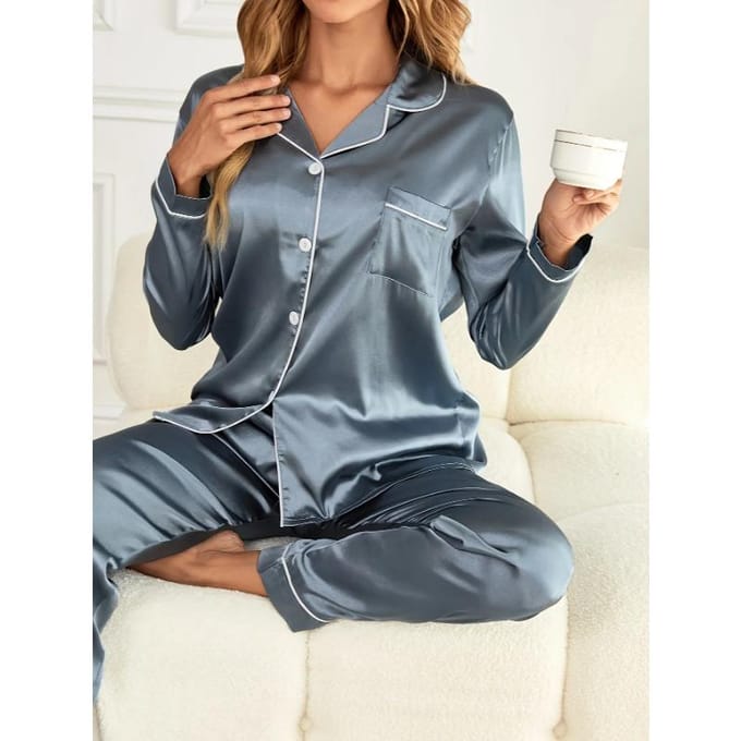 Pyjamaset Lange Mouw Knoopsluiting Revers Top & Broek Set Dames Nachtkleding & Loungewear M wit