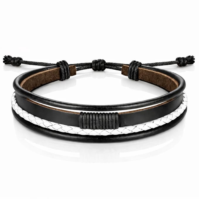 Heren armband Leer Zwart Wit Verstelbaar Touw Multi armband