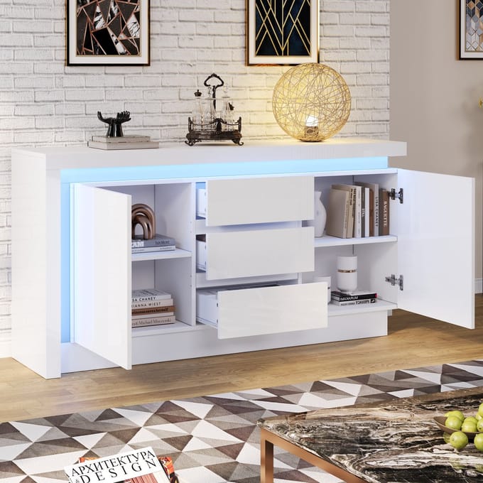 REDOM Hoogglans sideboard 140×35×72 cm – wit, 2 kasten en 3 lades, verstelbare planken, USB 5V app‑gestuurde LED