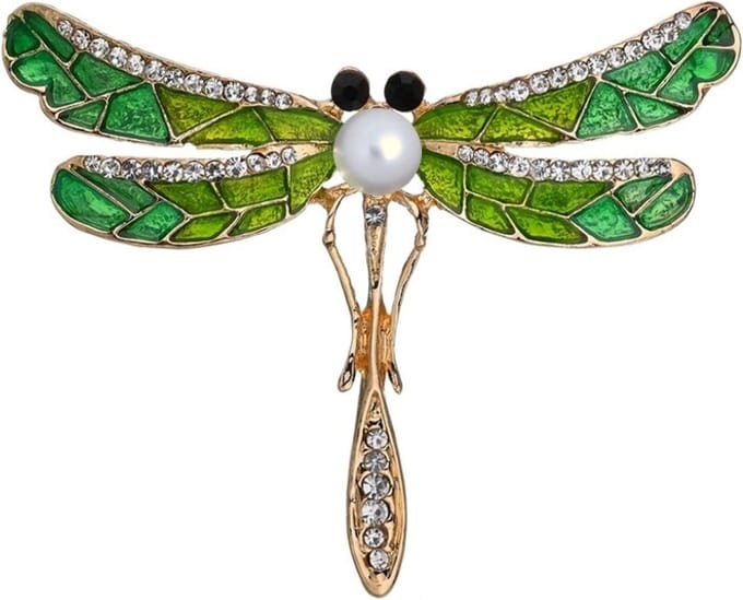 Fako Bijoux® - Broche - Libelle Met Parel - 69x54mm - Groen