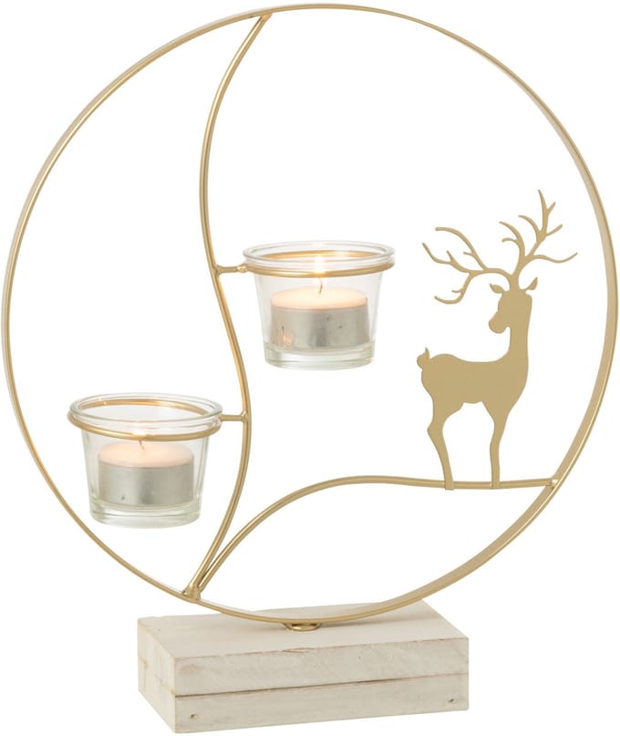 J-Line theelichthouder Rendier - hout - goud/wit
