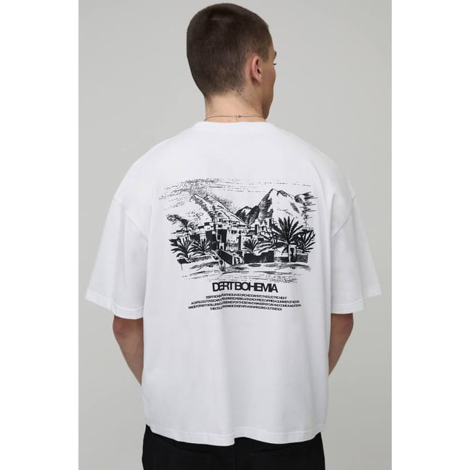 Oversized Boxy T-shirt Met Woestijnlandschap Print | White | Size Large