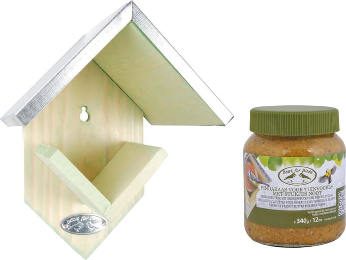 Pindakaas met ophanging voor tuinvogels pakket - 2x pot basic voer - diverse soorten vogels voeren