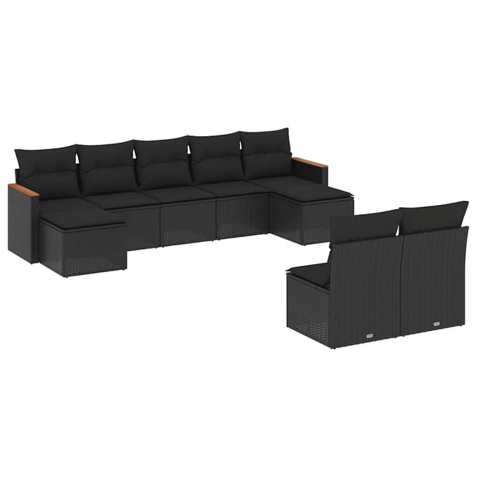 vidaXL - 9-delige - Loungeset - met - kussens - poly - rattan - zwart