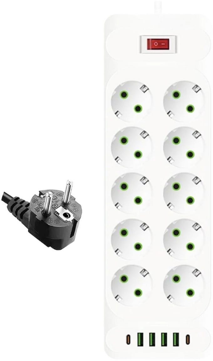 Thuys – Multipres Stekkerdoos – Met Schakelaar – 2m Kabel – Meervoudige Stekkerdoos – Met USB – Wit