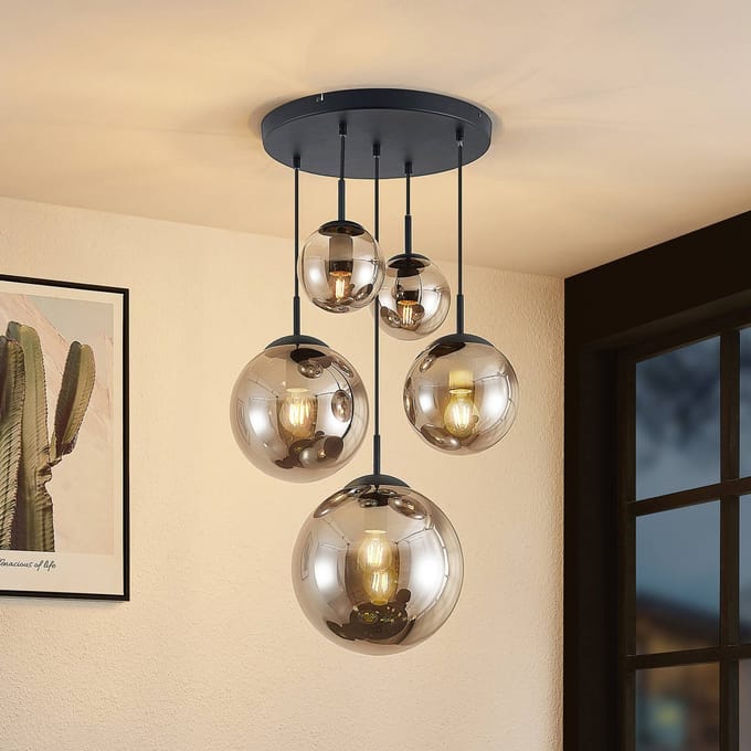 Lindby - hanglamp - 5lichts - Glas, staal - H: 30 cm - E27 - rookgrijs, zwart