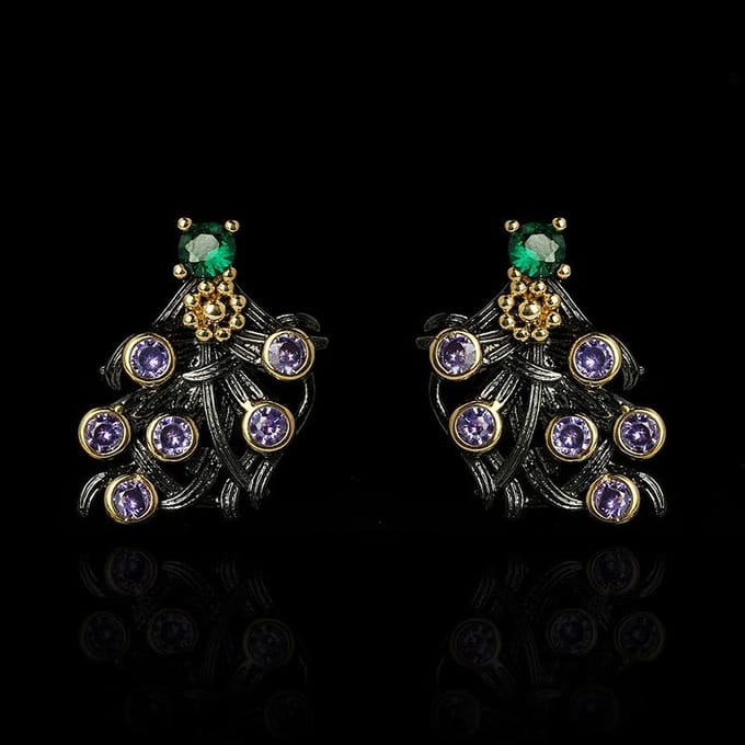 Boucles d'oreilles fleur en zircon violet pour femmes, élégantes et classiques, boucles d'oreilles noires et dorées black