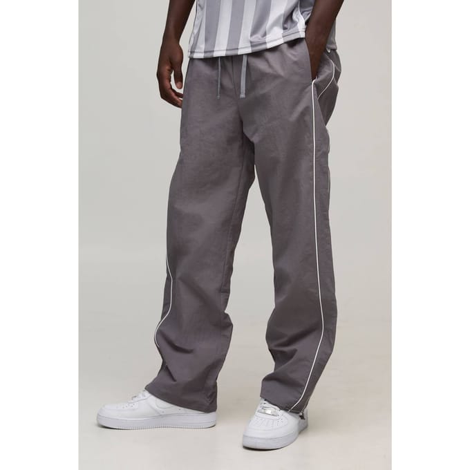 Relaxed Fit Nylon Piping Detail Track Pants | Grey | Size Medium