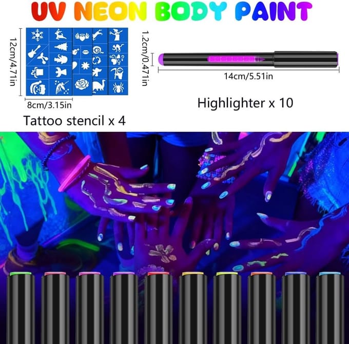Glitter Tattoo Pennen - Glow in the Dark - Feestelijke Make-up - UV Reactief Effect - Set van 10 - Veelkleurig