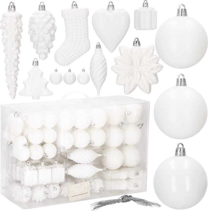 Springos Kerstballen | Kerstversiering | Onbreekbaar | 72 Stuks | Wit