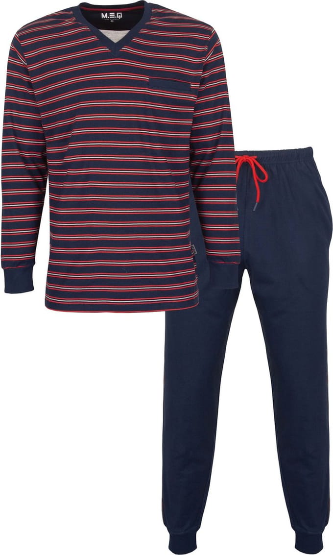 MEQ Heren Pyjama - 100% Katoen - V Hals - Marine Blauw - Maat M
