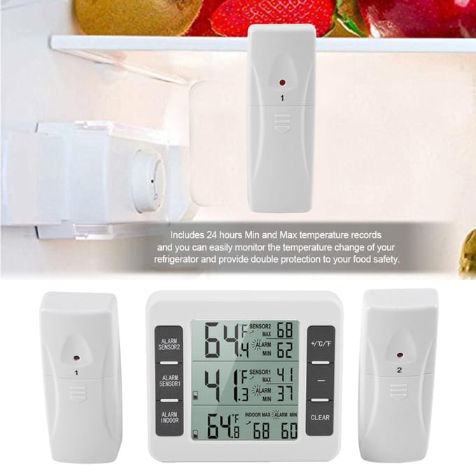 Draadloze digitale hoorbare koelkastthermometer met 2 sensoren voor min/maximum weergave wit