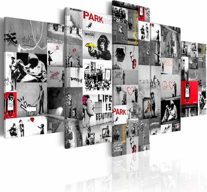 Schilderij - Collage Banksy, Grijs/Rood, 5luik