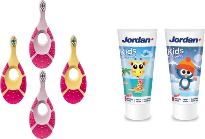 4x Jordan tandenborstel 0-2 jaar met 2x Jordan tandpasta
